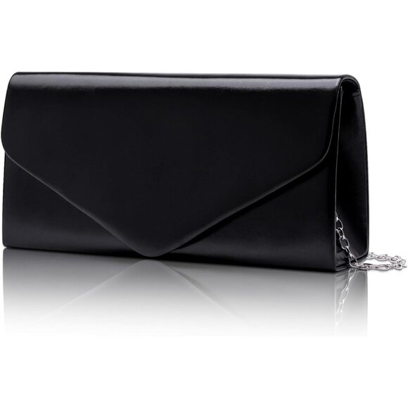 🆕Women's Black Vegan Leather Envelope Clutch Purse Evening Bag with Chain Strap - Picture 1 of 7